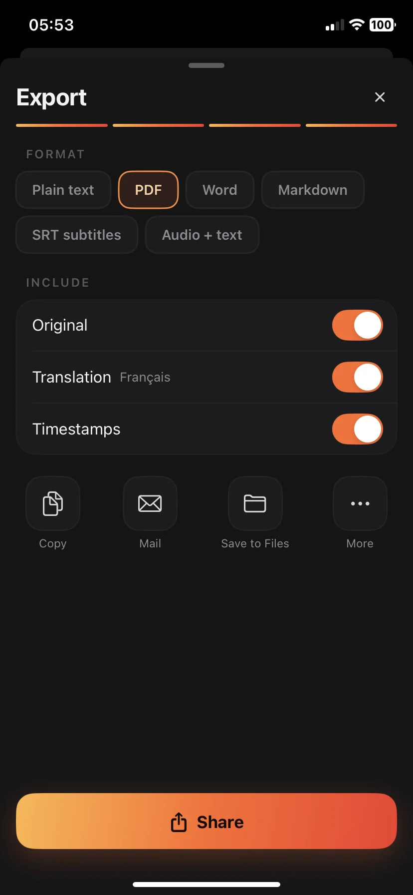 The export sheet with plain text, PDF, Word, Markdown, subtitles and audio options.