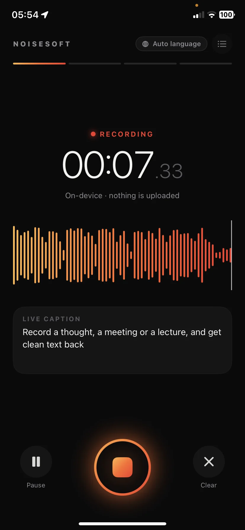 NS Record & Transcribe recording, with a live waveform and live caption on screen.
