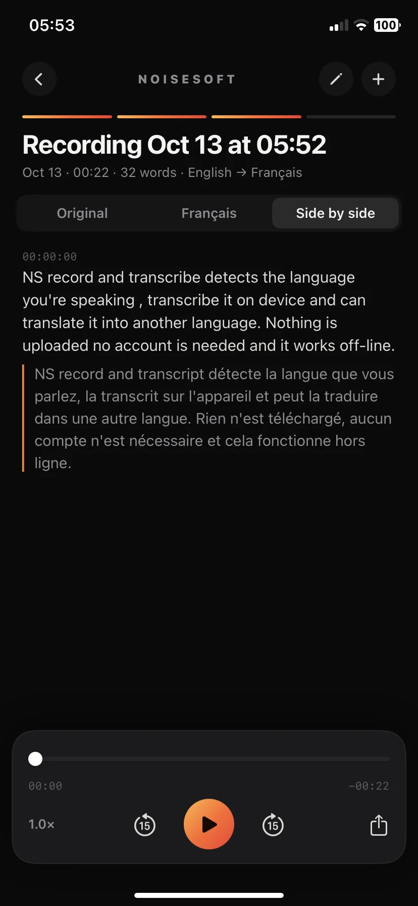 A transcript with the original English and the French translation side by side, and playback controls.