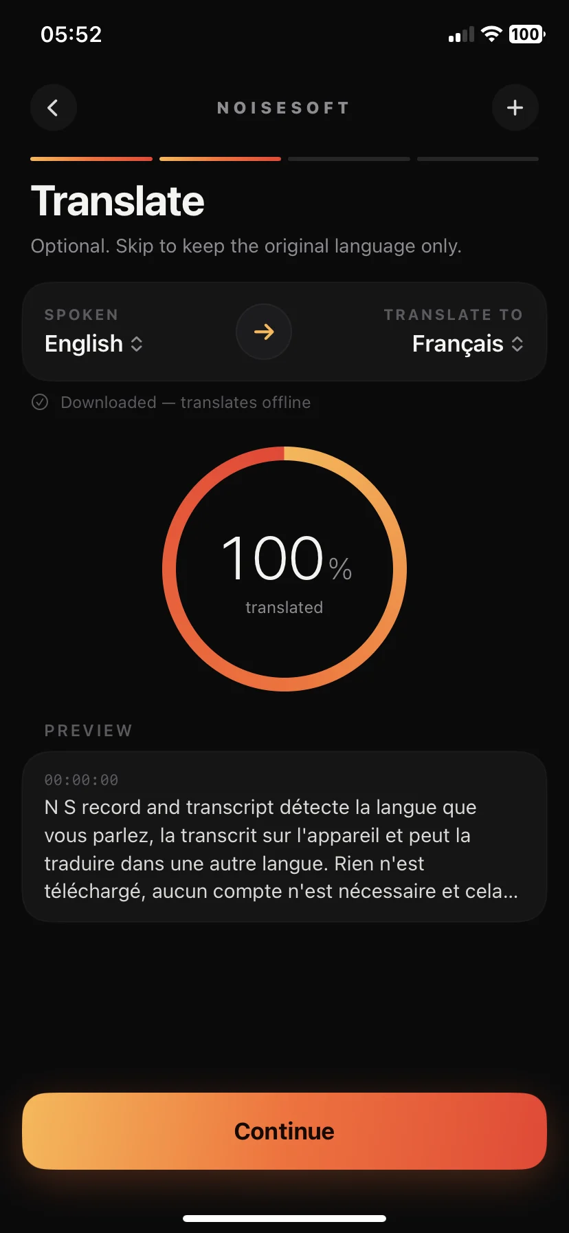 The translate screen: spoken English, translated into French on the iPhone.
